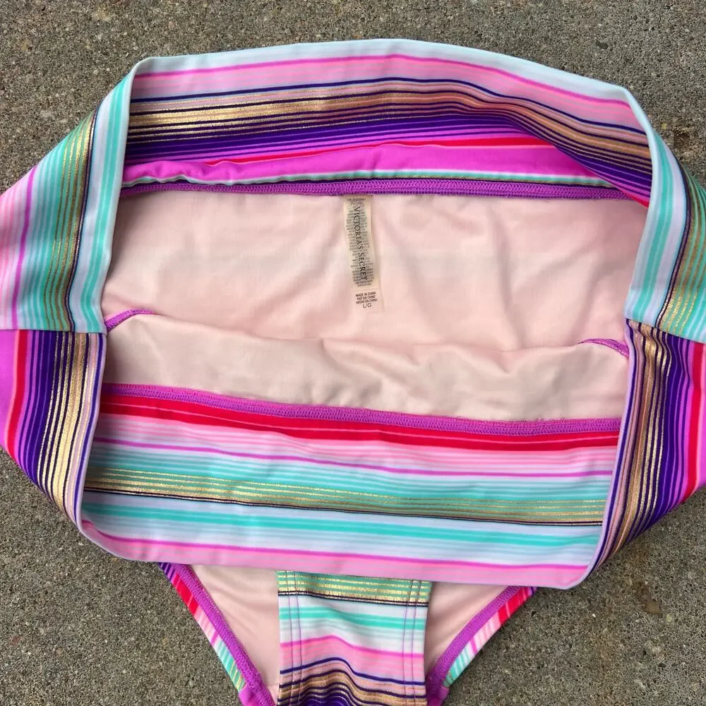 Victoria's Secret High Rise Foldover Bikini Tankini Purple Fuchsia Blue Stripe L